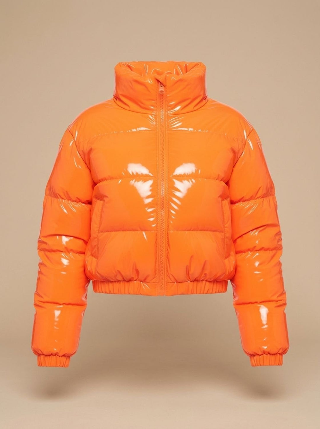 Women's Stylish Cropped Glossy Zip-Up Puffer Jacket - Orange