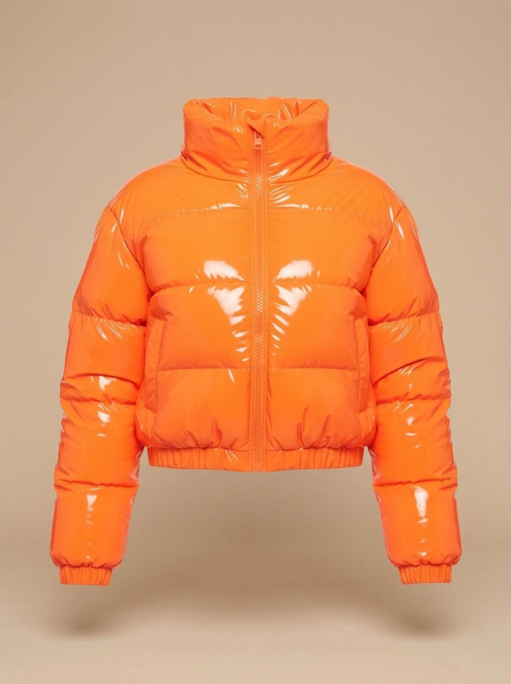 Women's Stylish Cropped Glossy Zip-Up Puffer Jacket - Orange