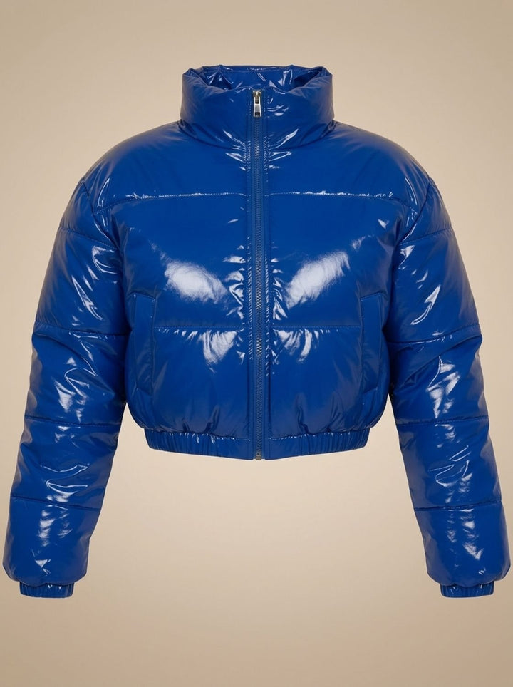 Women's Stylish Cropped Glossy Zip-Up Puffer Jacket - Blue