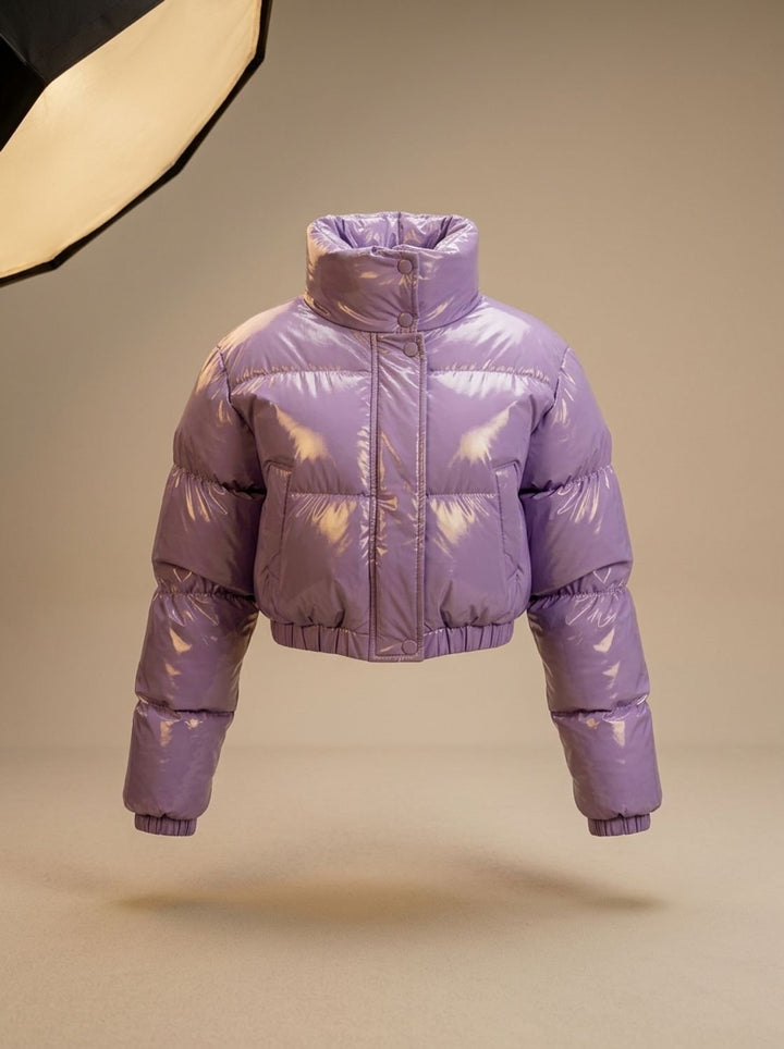 Women's Stylish Cropped Glossy Zip-Up Puffer Jacket - Lilac