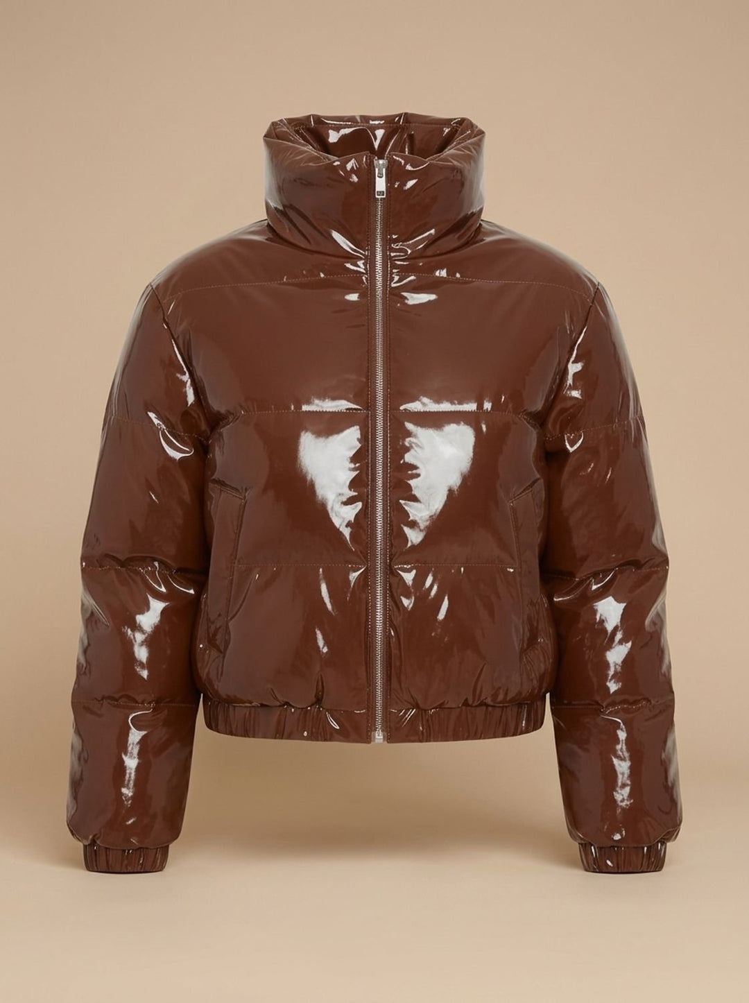 Women's Stylish Cropped Glossy Zip-Up Puffer Jacket - Brown