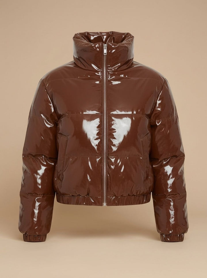 Women's Stylish Cropped Glossy Zip-Up Puffer Jacket - Brown
