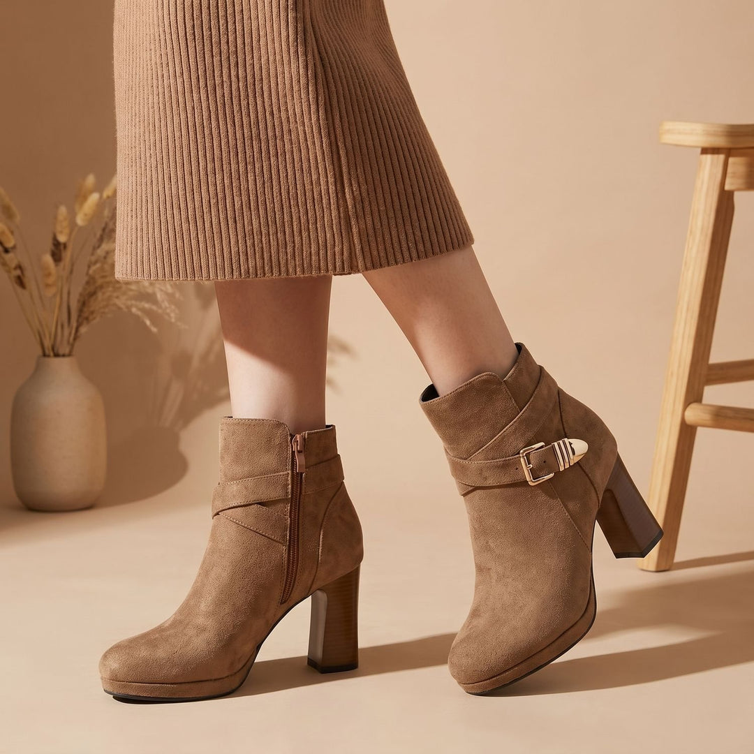 Women's Suede Block Heel Ankle Boots Buckle Side-Zip Booties