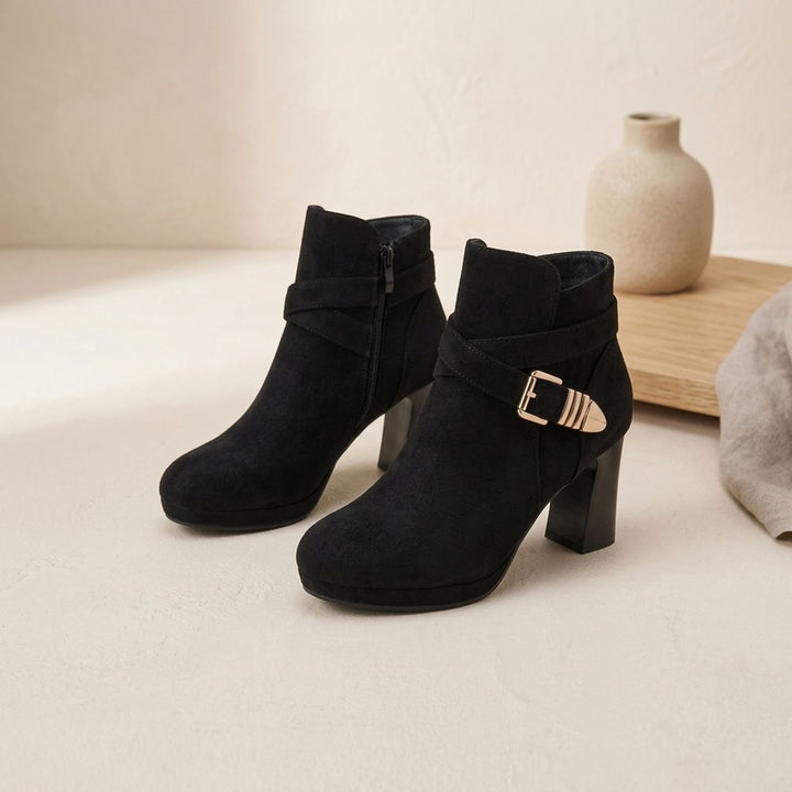 Women's Suede Block Heel Ankle Boots Buckle Side-Zip Booties - Black