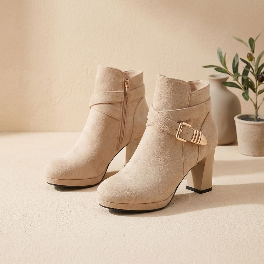 Women's Suede Block Heel Ankle Boots Buckle Side-Zip Booties - Almond