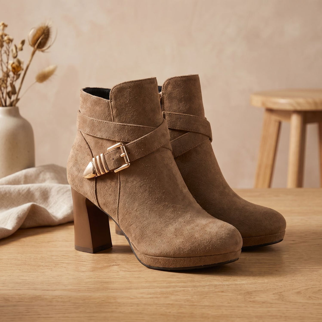Women's Suede Block Heel Ankle Boots Buckle Side-Zip Booties