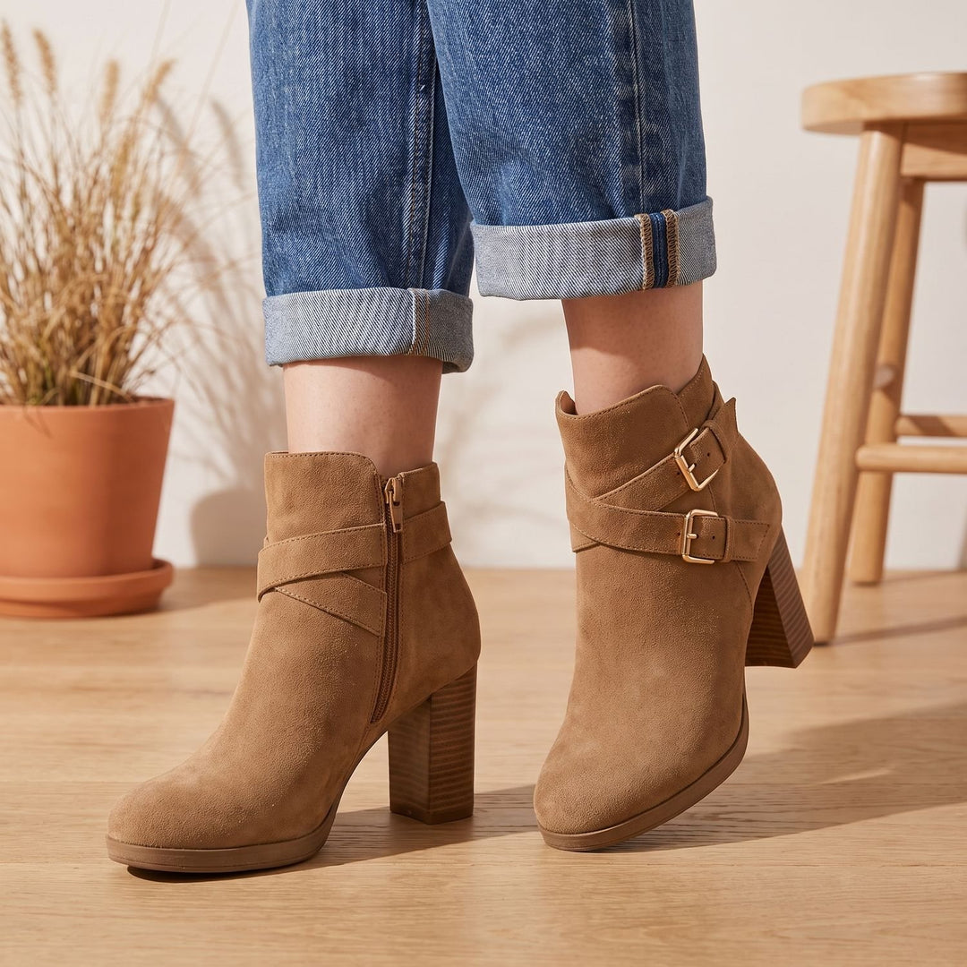 Women's Suede Block Heel Ankle Boots Buckle Side-Zip Booties