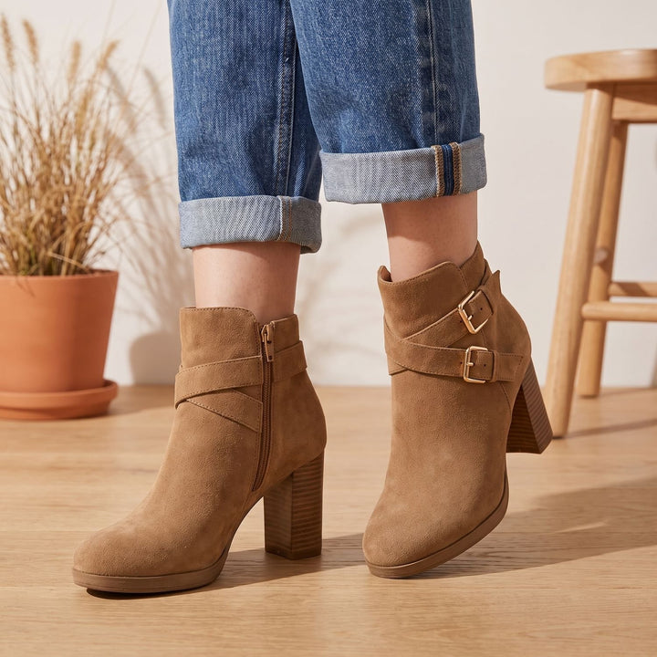 Women's Suede Block Heel Ankle Boots Buckle Side-Zip Booties