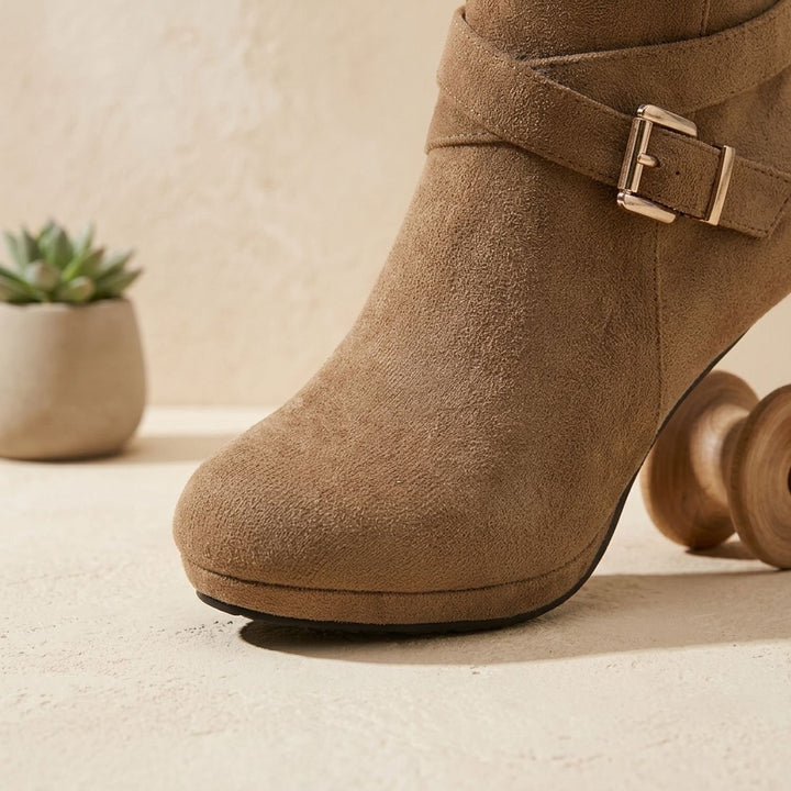 Women's Suede Block Heel Ankle Boots Buckle Side-Zip Booties