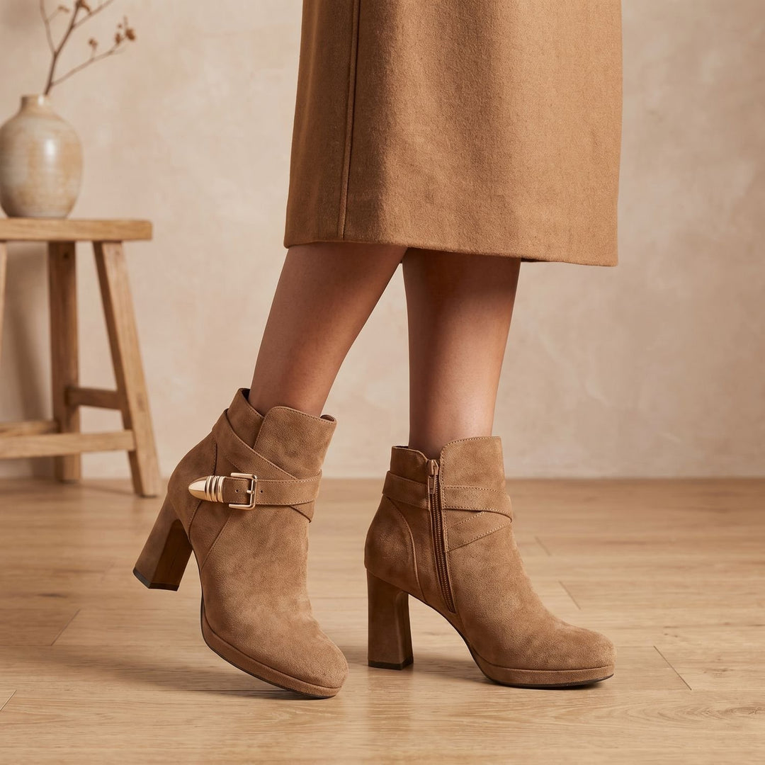 Women's Suede Block Heel Ankle Boots Buckle Side-Zip Booties