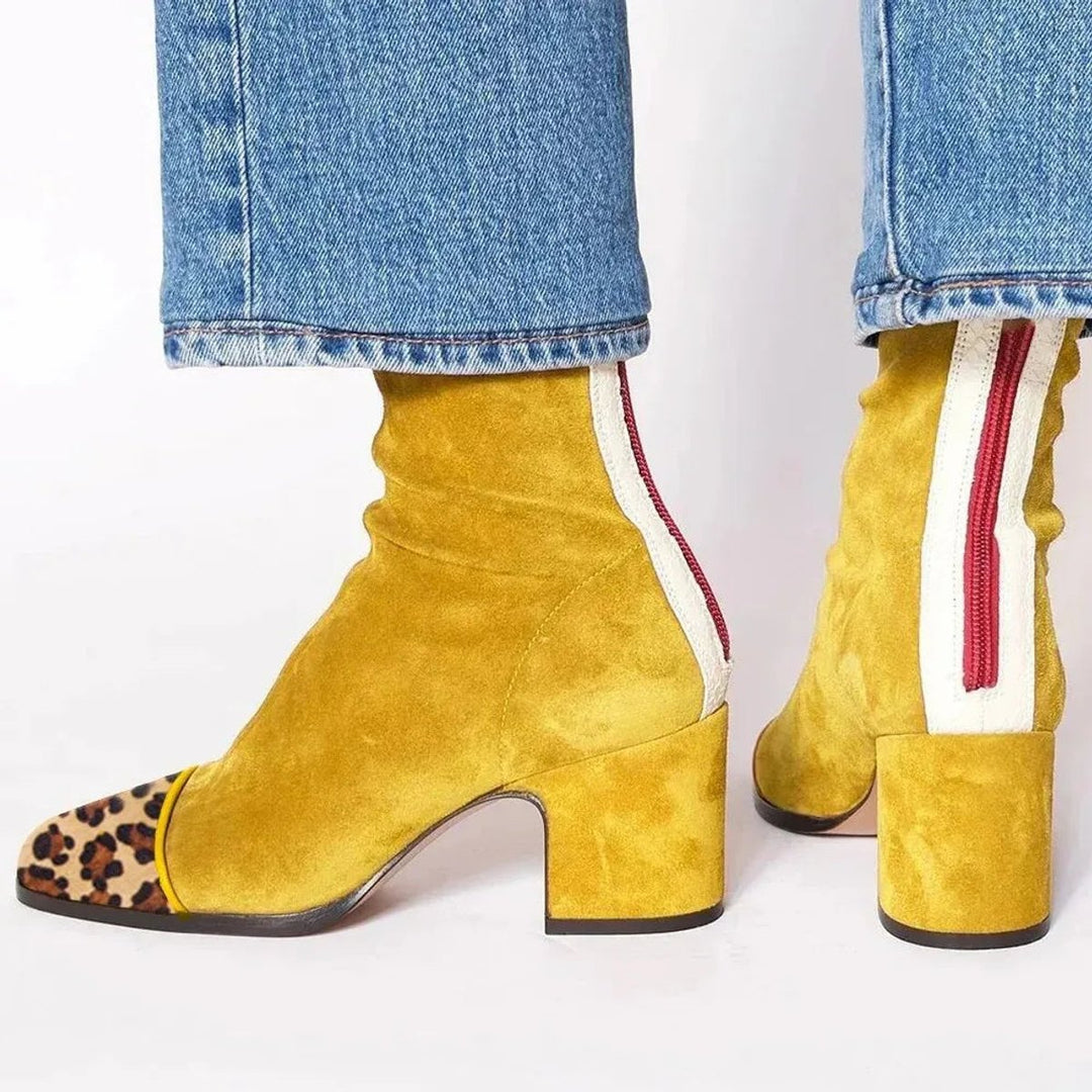 Women's Suede Block-Heel Leopard-Toe Ankle Boots - Yellow