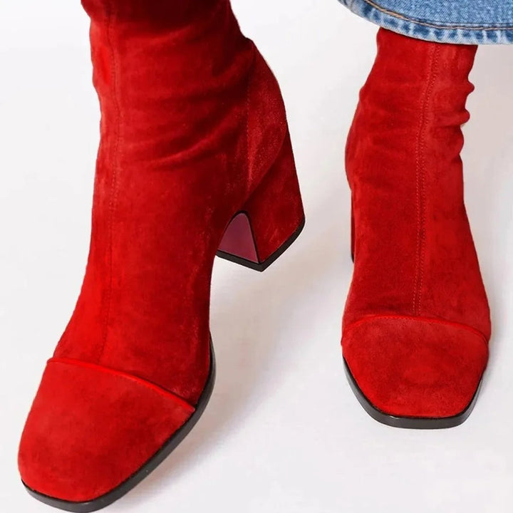 Women's Suede Block-Heel Leopard-Toe Ankle Boots - Red