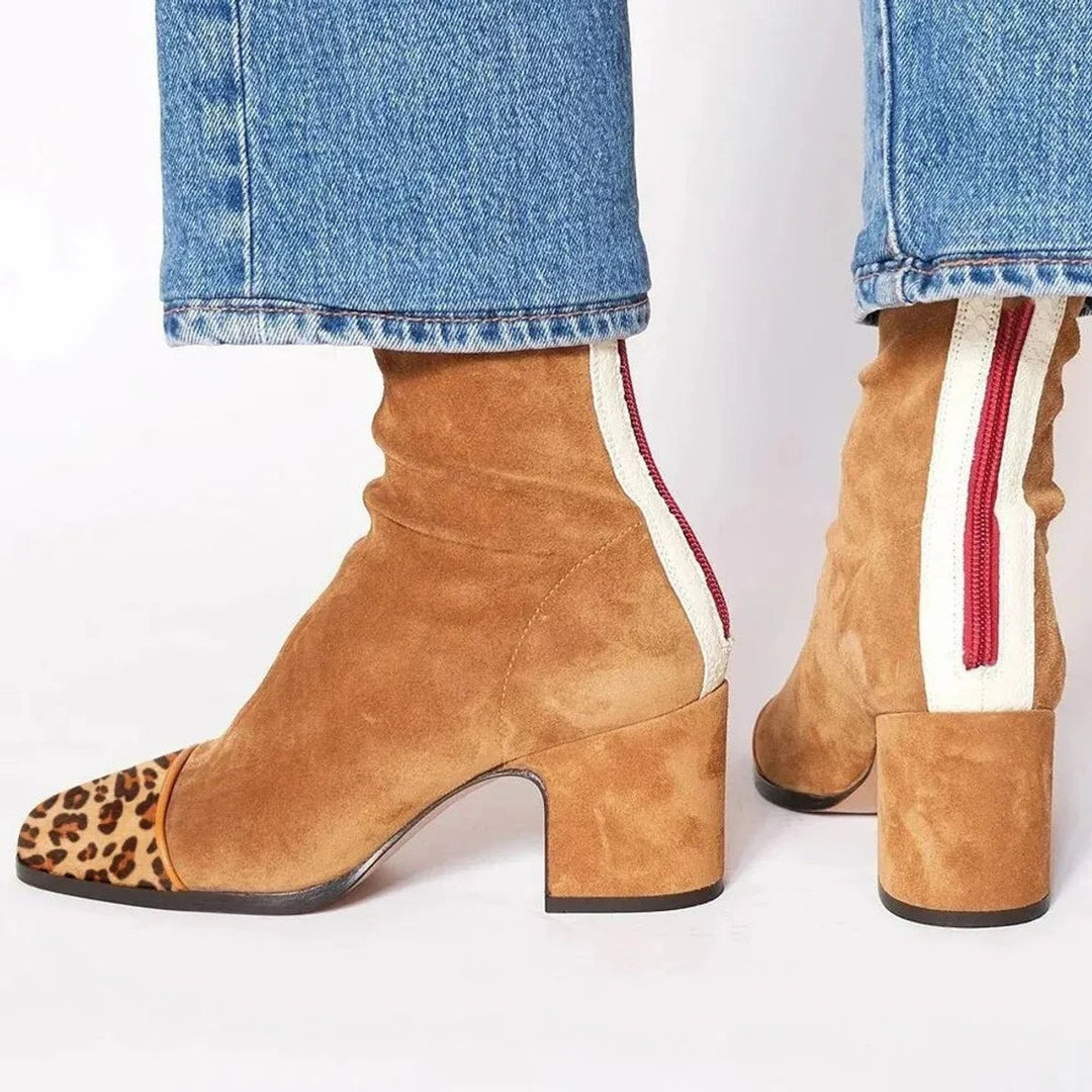 Women's Suede Block-Heel Leopard-Toe Ankle Boots - Brown