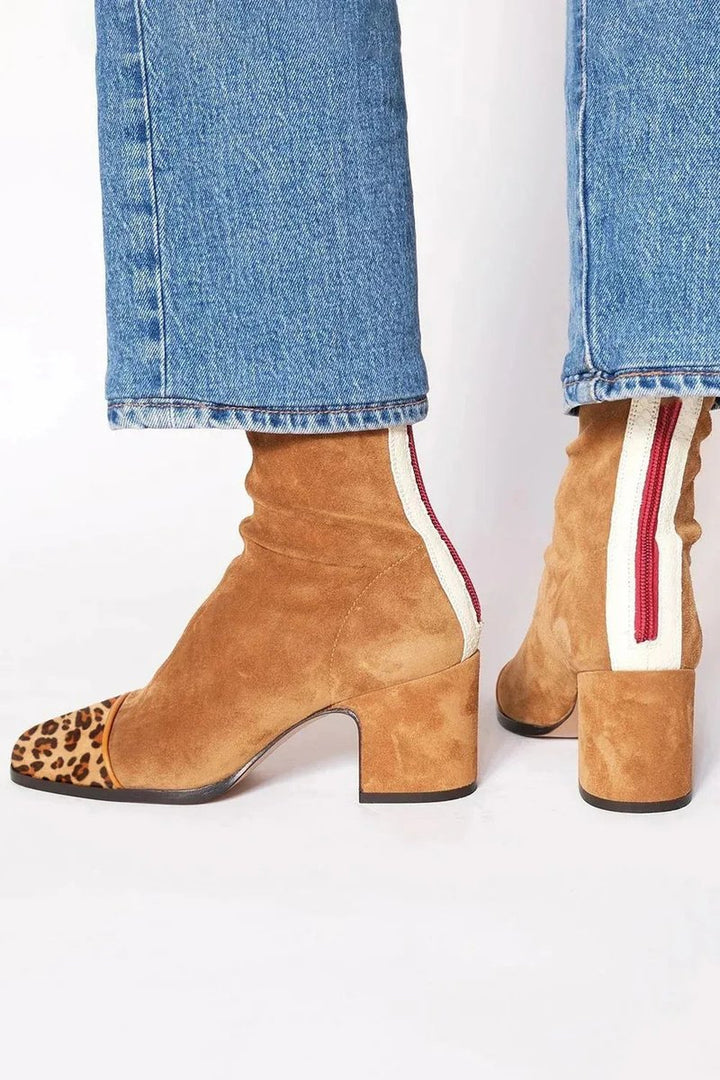 Women's Suede Block-Heel Leopard-Toe Ankle Boots