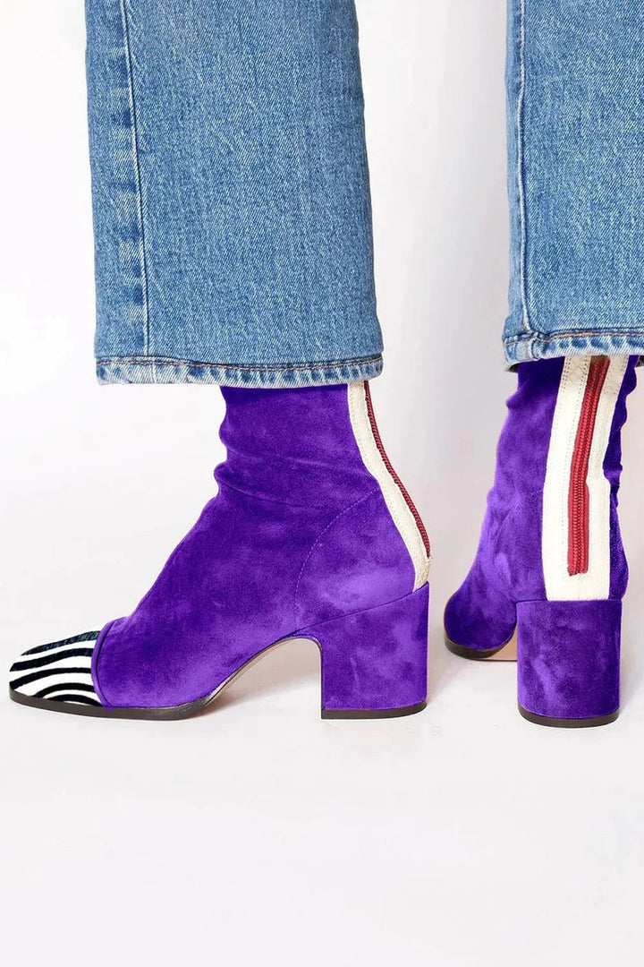 Women's Suede Block-Heel Leopard-Toe Ankle Boots - Violet