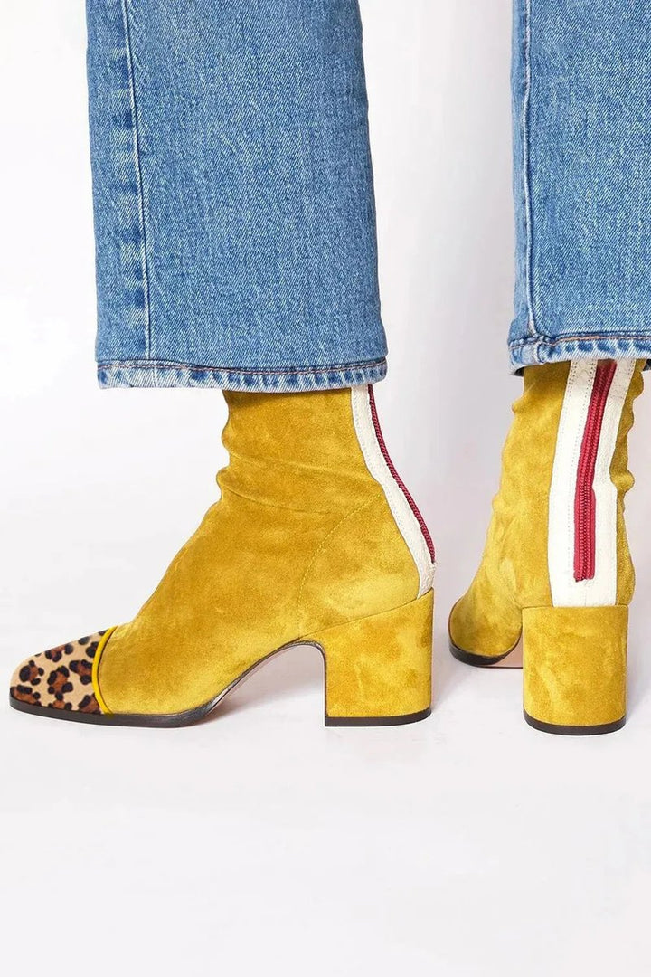 Women's Suede Block-Heel Leopard-Toe Ankle Boots