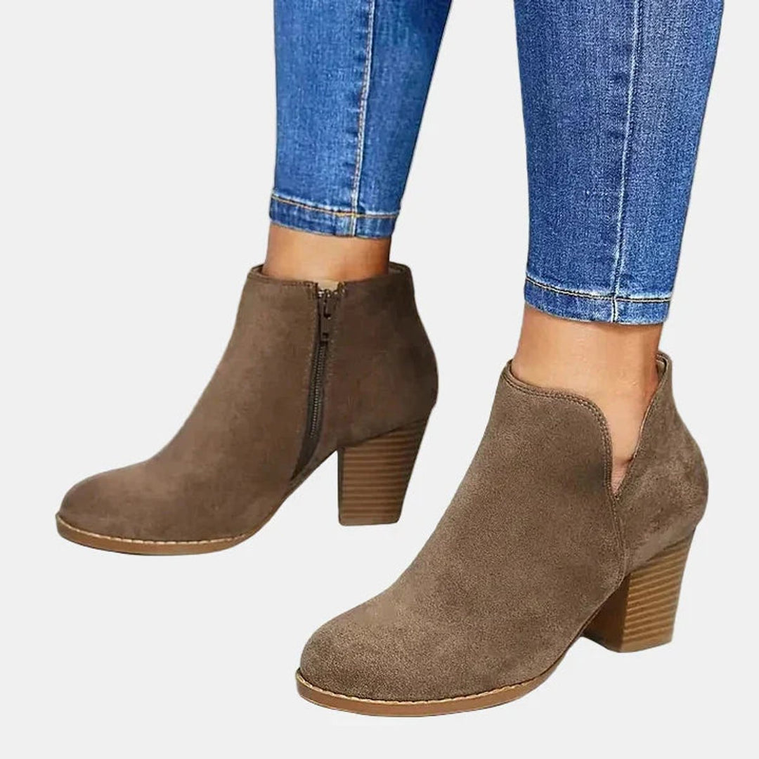 Women's Suede Block Heel Side-Zip Ankle Boots - Beige