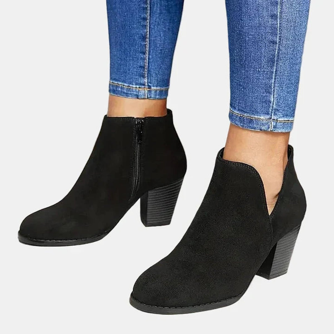 Women's Suede Block Heel Side-Zip Ankle Boots - Black