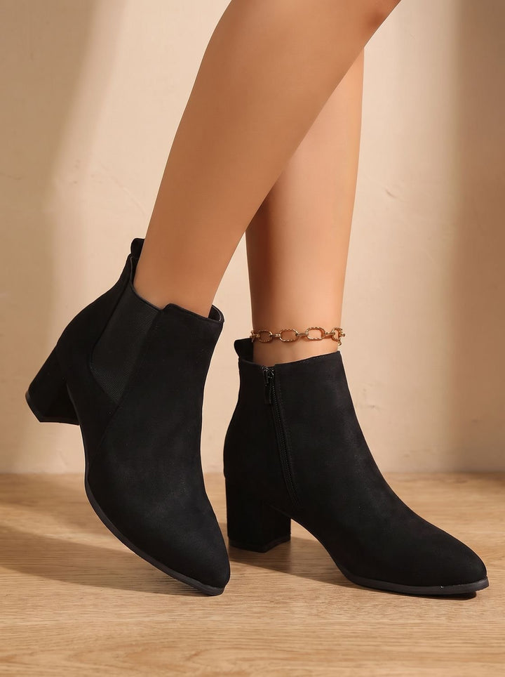 Women's Suede Block-Heel Side-Zip Ankle Boots - Black