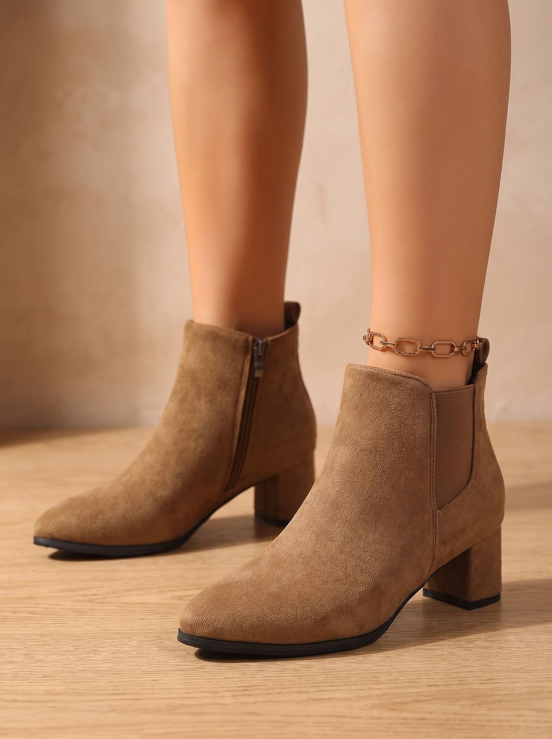 Women's Suede Block-Heel Side-Zip Ankle Boots - Brown