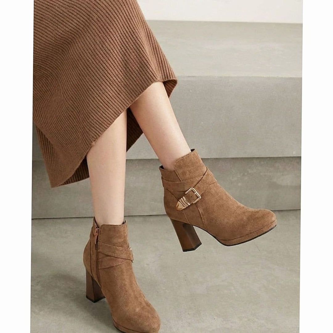 Women's Suede Buckle-Strap Block Heel Ankle Boots