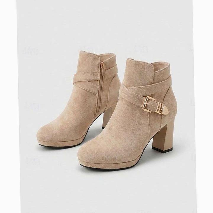 Women's Suede Buckle-Strap Block Heel Ankle Boots - Almond