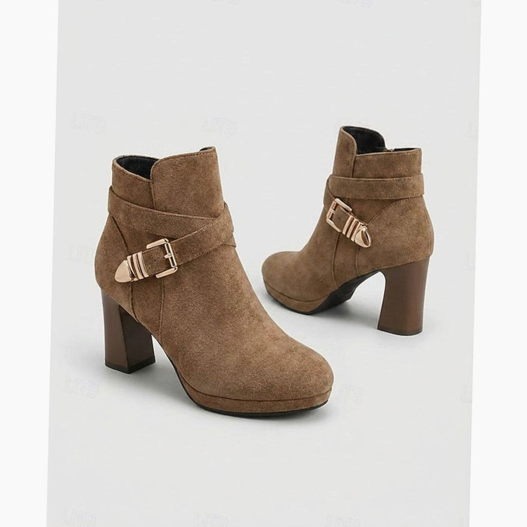 Women's Suede Buckle-Strap Block Heel Ankle Boots