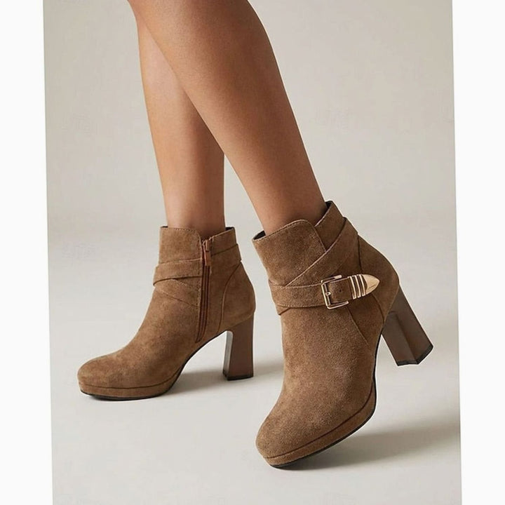 Women's Suede Buckle-Strap Block Heel Ankle Boots