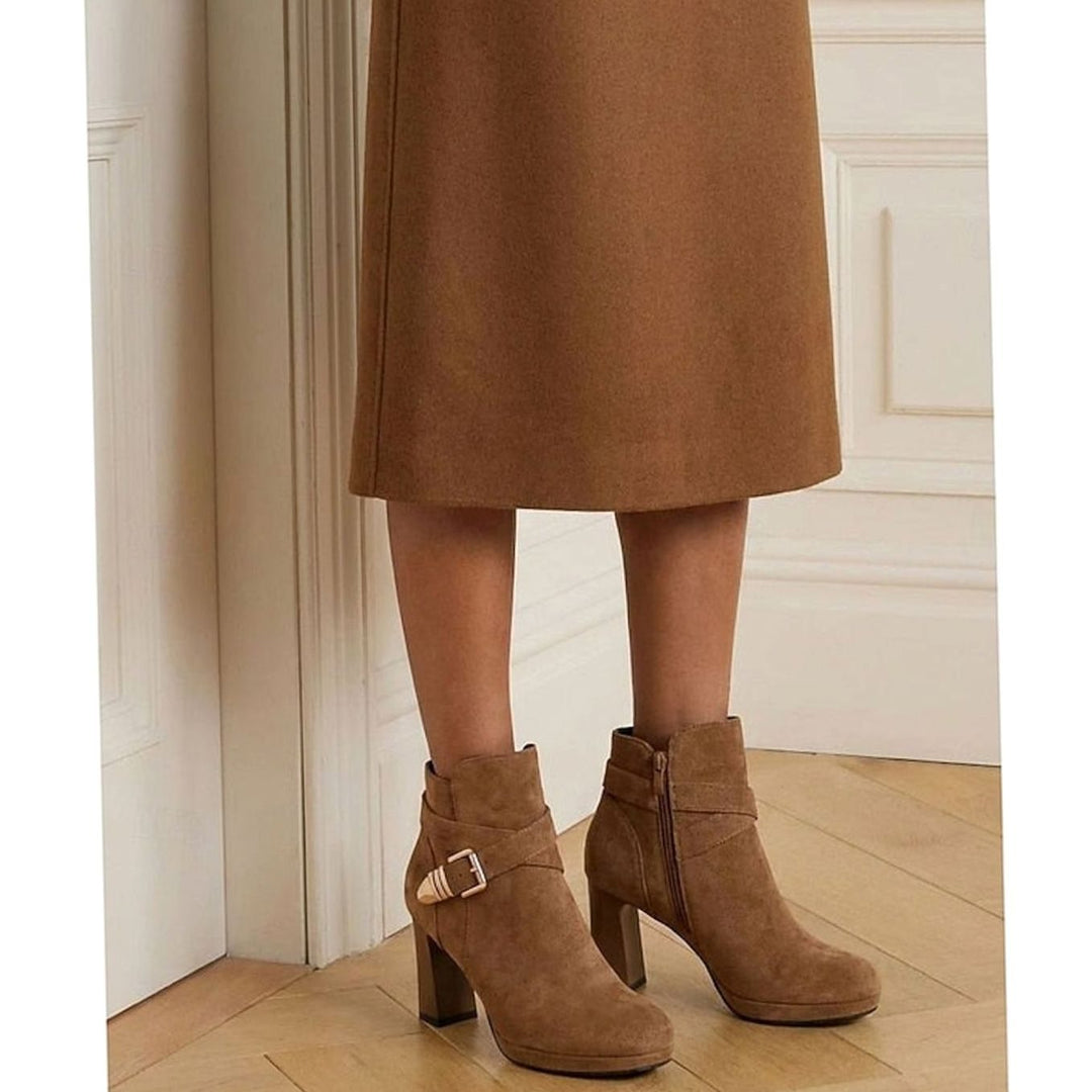 Women's Suede Buckle-Strap Block Heel Ankle Boots