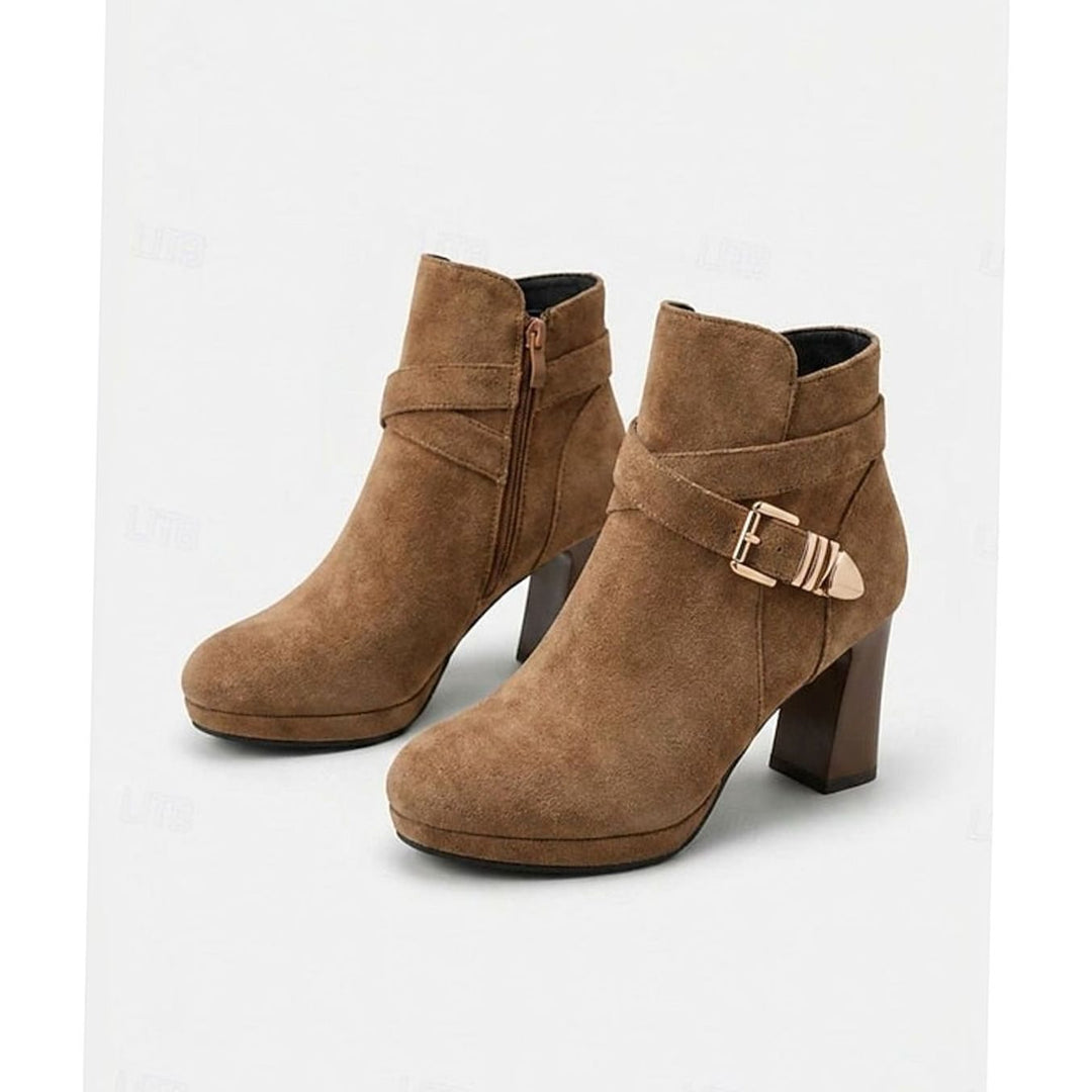 Women's Suede Buckle-Strap Block Heel Ankle Boots - Light Brown