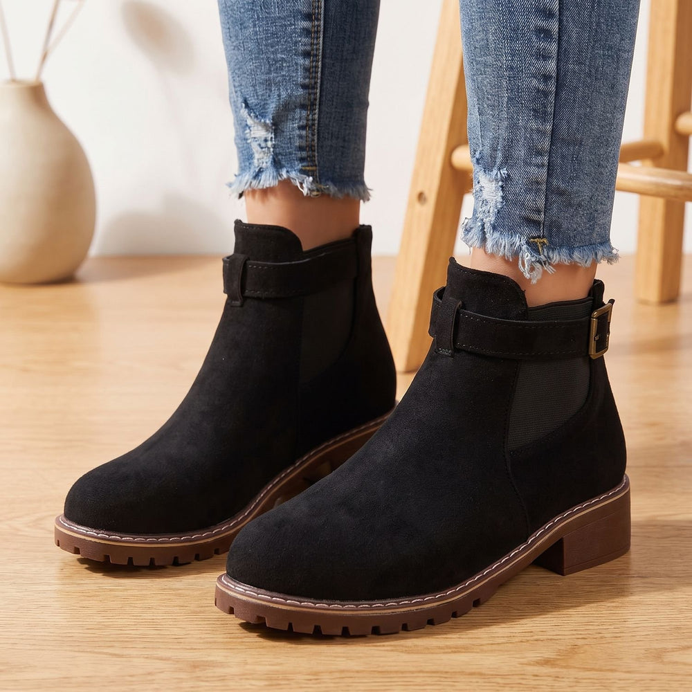 Women's Suede Chelsea Ankle Boots Elastic Gusset Block Heel - Black