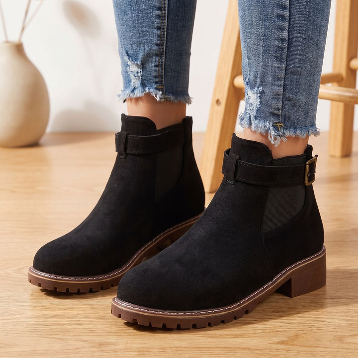 Women's Suede Chelsea Ankle Boots Elastic Gusset Block Heel - Black
