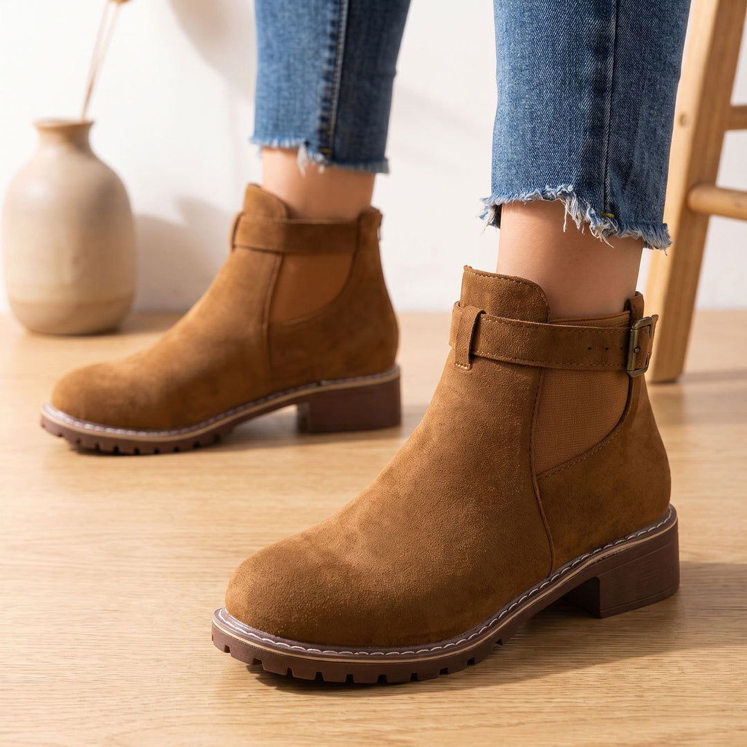 Women's Suede Chelsea Ankle Boots Elastic Gusset Block Heel - Brown