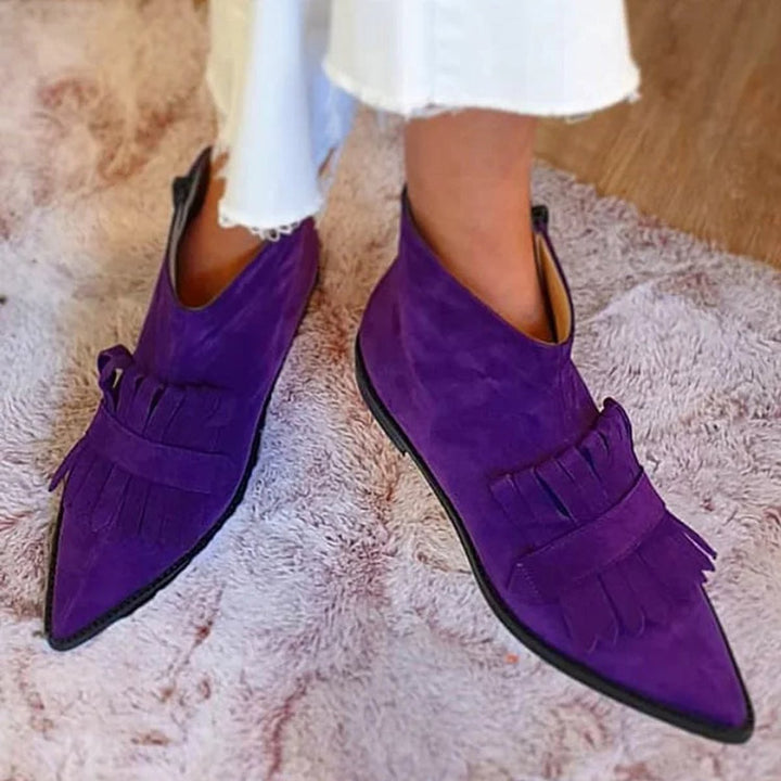 Women's Suede Fringe Pointed-Toe Flat ankle boots - Purple