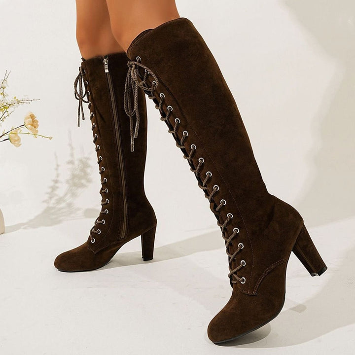 Women's Suede Lace-Up Over-the-Knee High Heel Boots