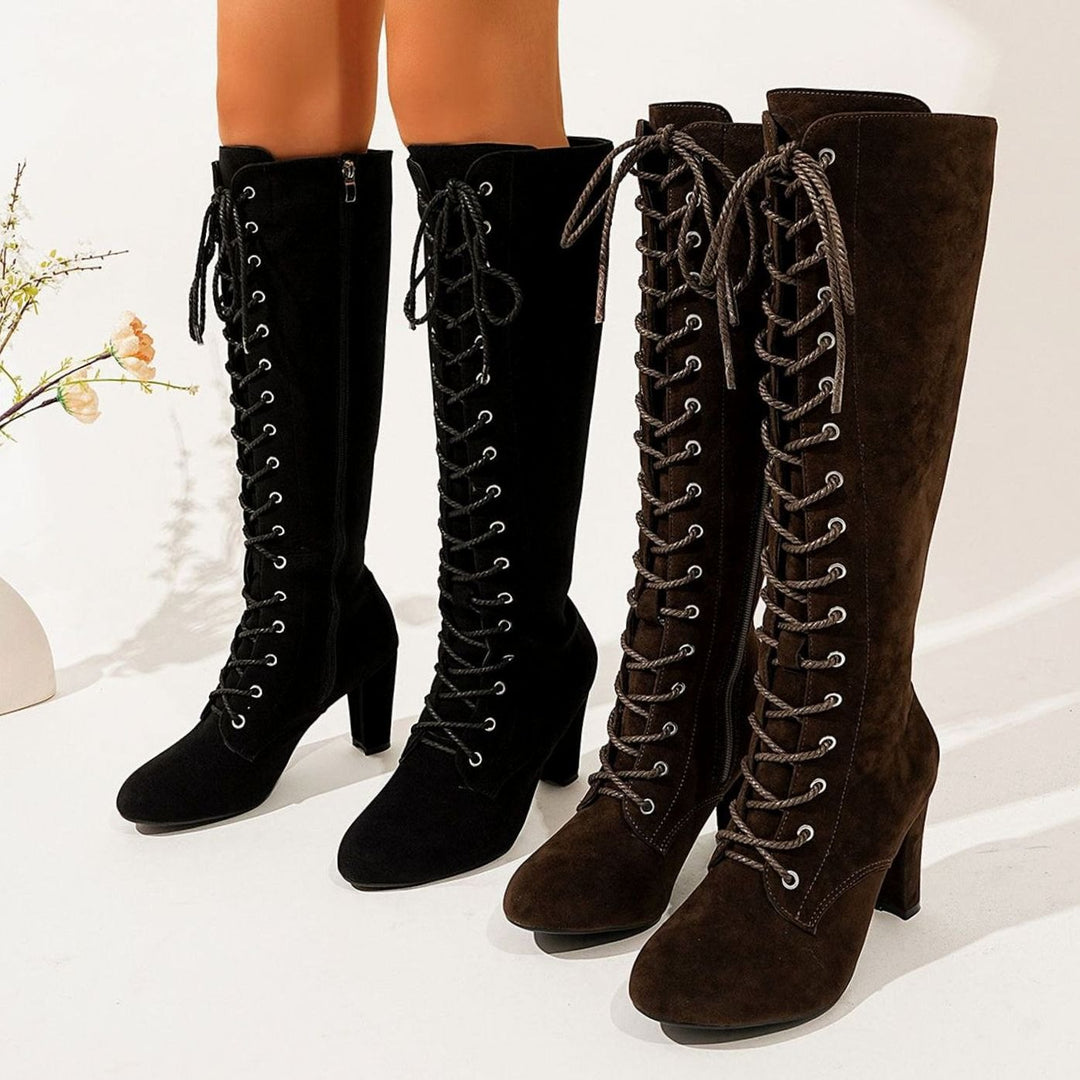 Women's Suede Lace-Up Over-the-Knee High Heel Boots