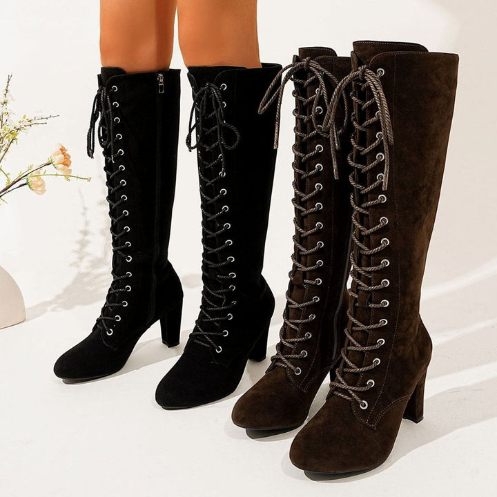 Women's Suede Lace-Up Over-the-Knee High Heel Boots