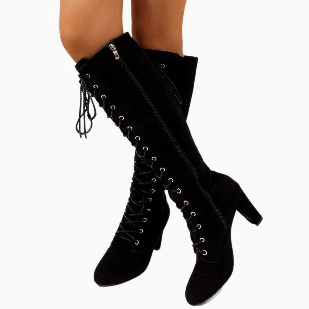 Women's Suede Lace-Up Over-the-Knee High Heel Boots