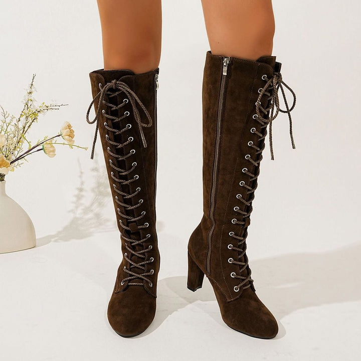 Women's Suede Lace-Up Over-the-Knee High Heel Boots - Brown