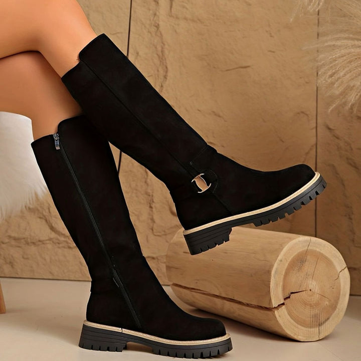 Women's Suede-Look Block Heel Knee High Boots Zipper