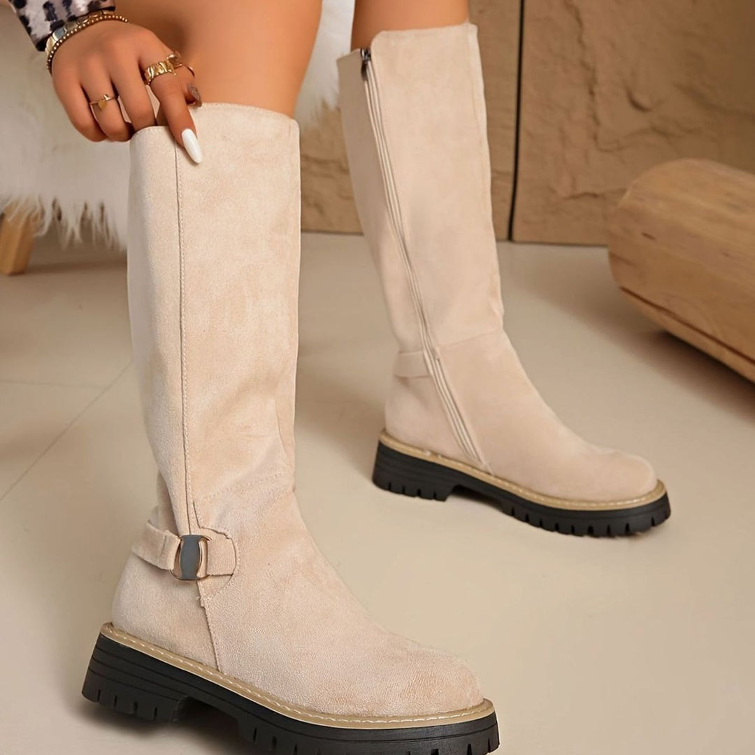 Women's Suede-Look Block Heel Knee High Boots Zipper - Beige