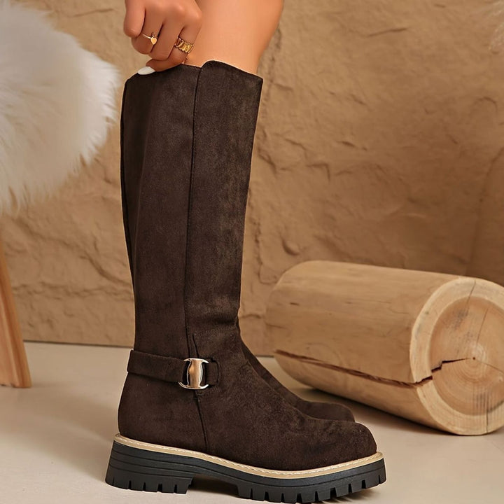 Women's Suede-Look Block Heel Knee High Boots Zipper