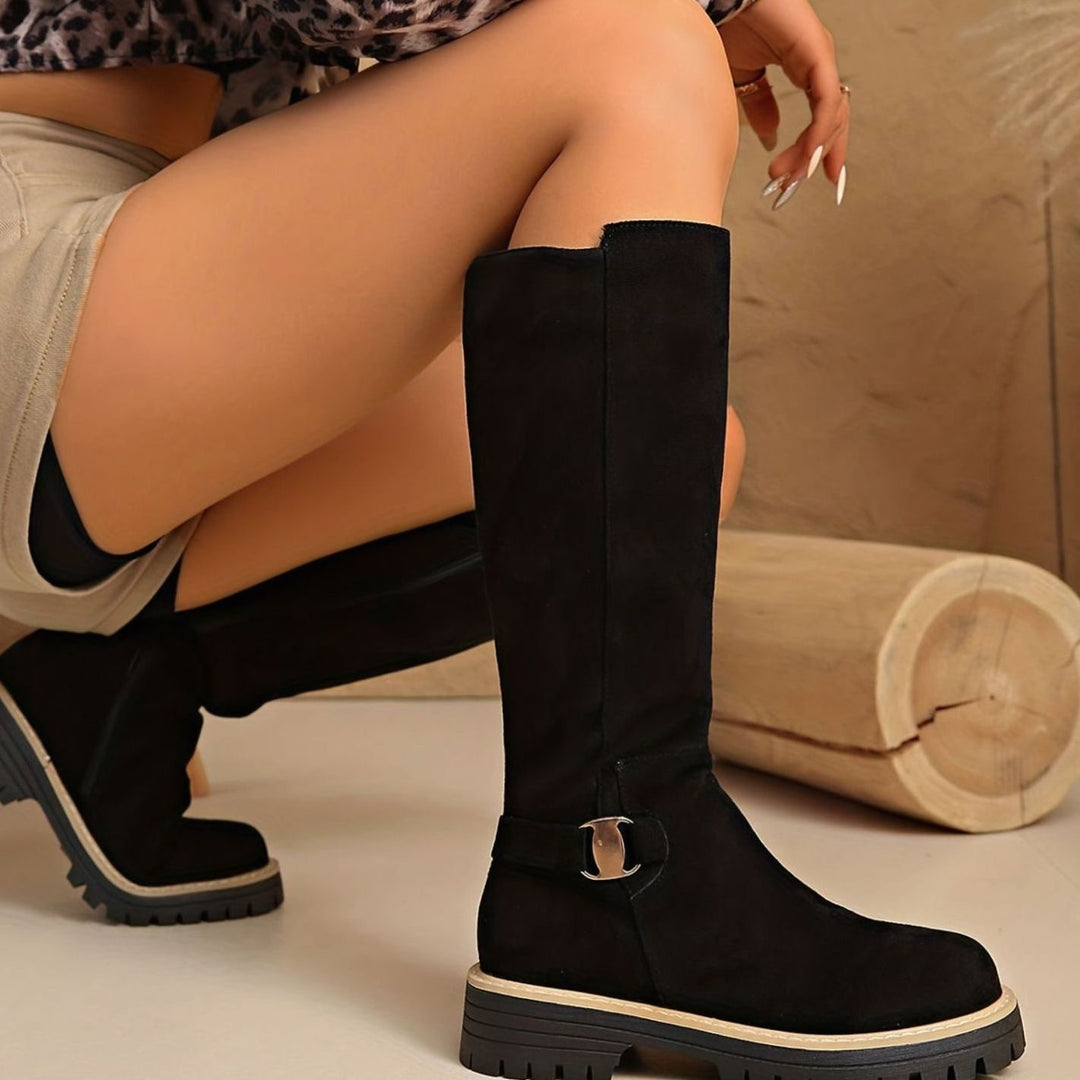 Women's Suede-Look Block Heel Knee High Boots Zipper
