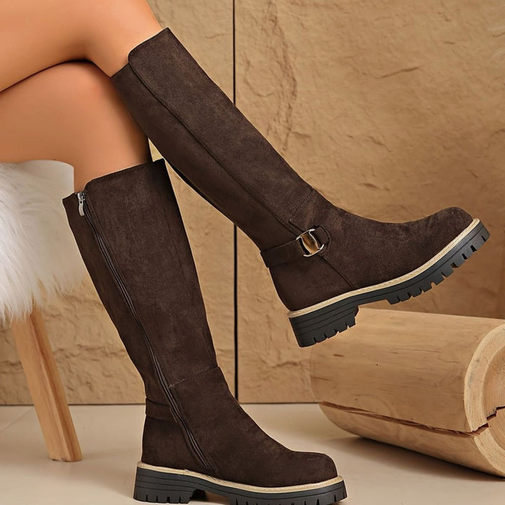 Women's Suede-Look Block Heel Knee High Boots Zipper - Coffee
