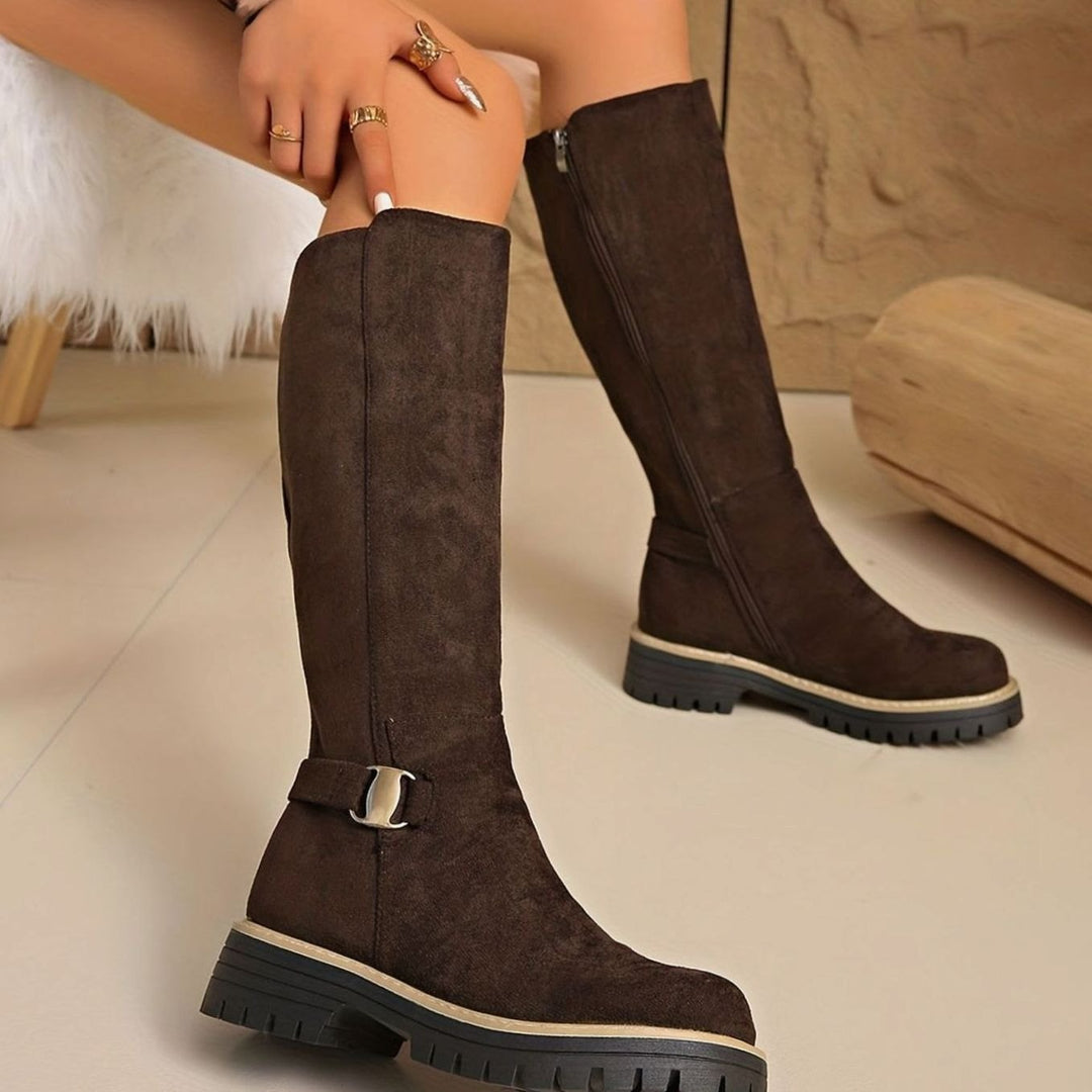 Women's Suede-Look Block Heel Knee High Boots Zipper
