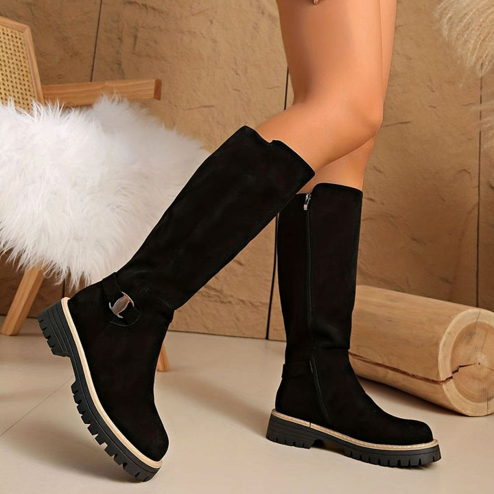 Women's Suede-Look Block Heel Knee High Boots Zipper - Black