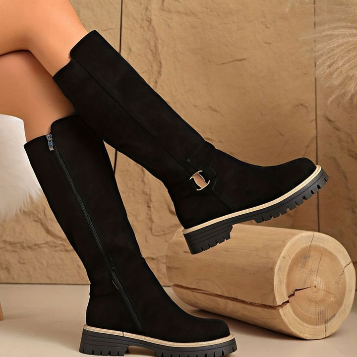 Women's Suede-Look Block Heel Knee High Boots Zipper
