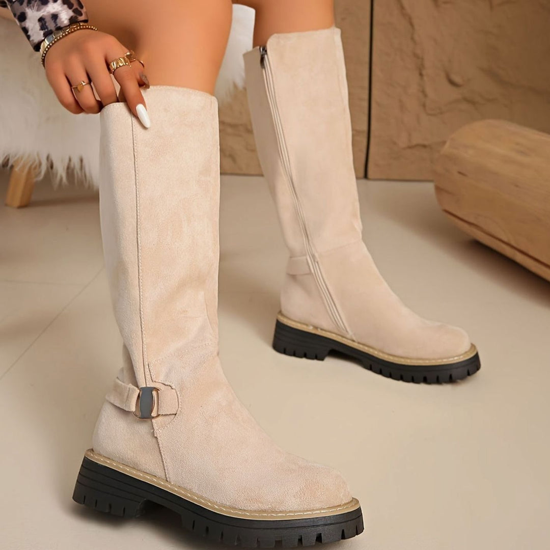 Women's Suede-Look Block Heel Knee High Boots Zipper