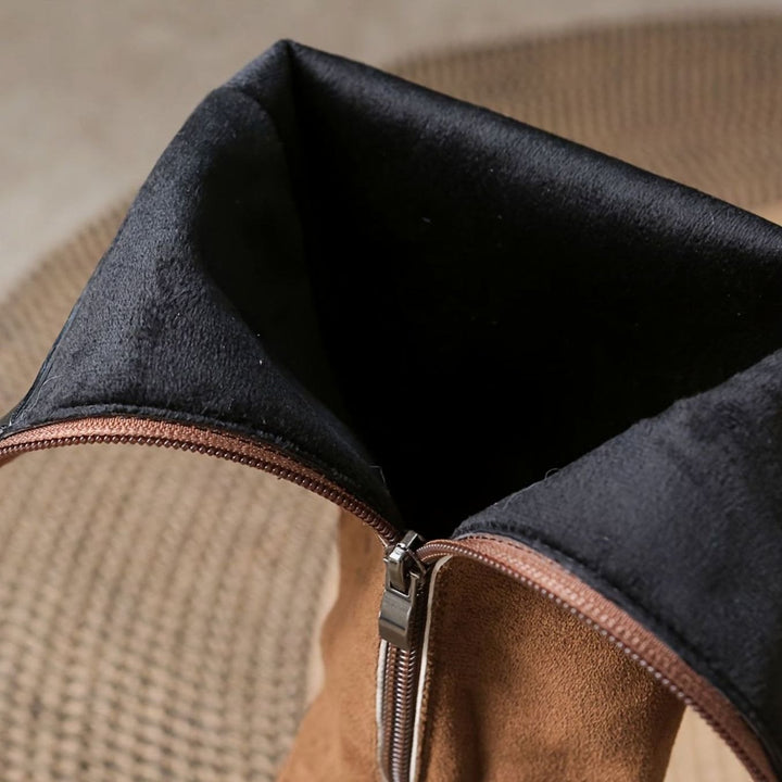 Women's Suede-Look Knee High Boots Block Heel Gold Button Detail