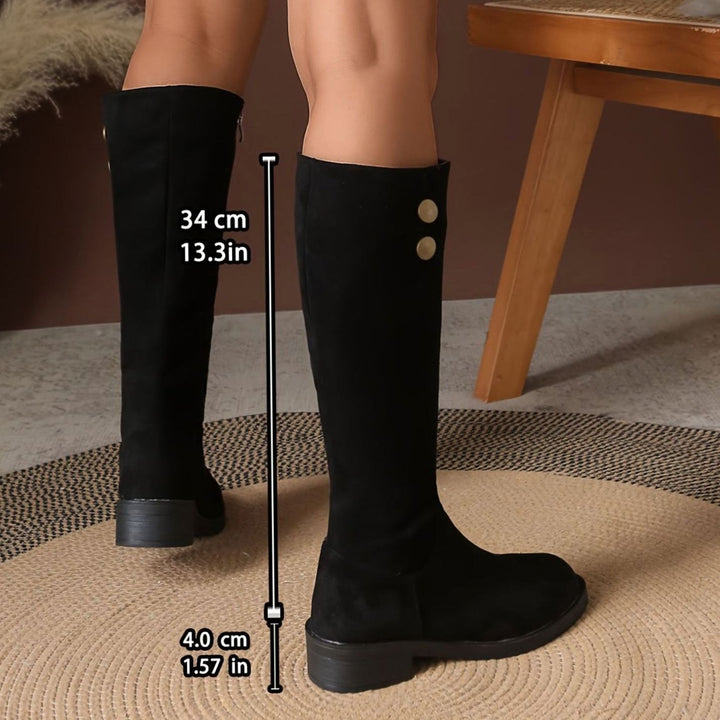 Women's Suede-Look Knee High Boots Block Heel Gold Button Detail